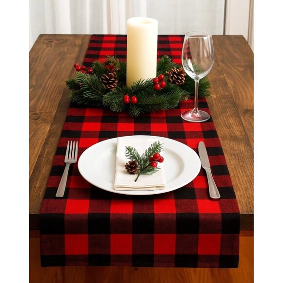 Red & Black Buffalo Plaid Cotton Table Runner 12 x 70 Inches Rustic Lodge Holida - Picture 2 of 11